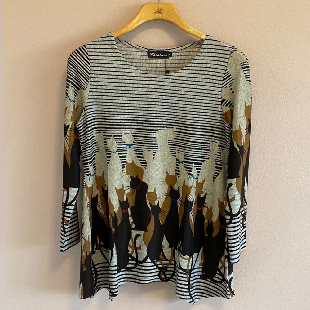 Creation Striped Cat Print Sweater Size M